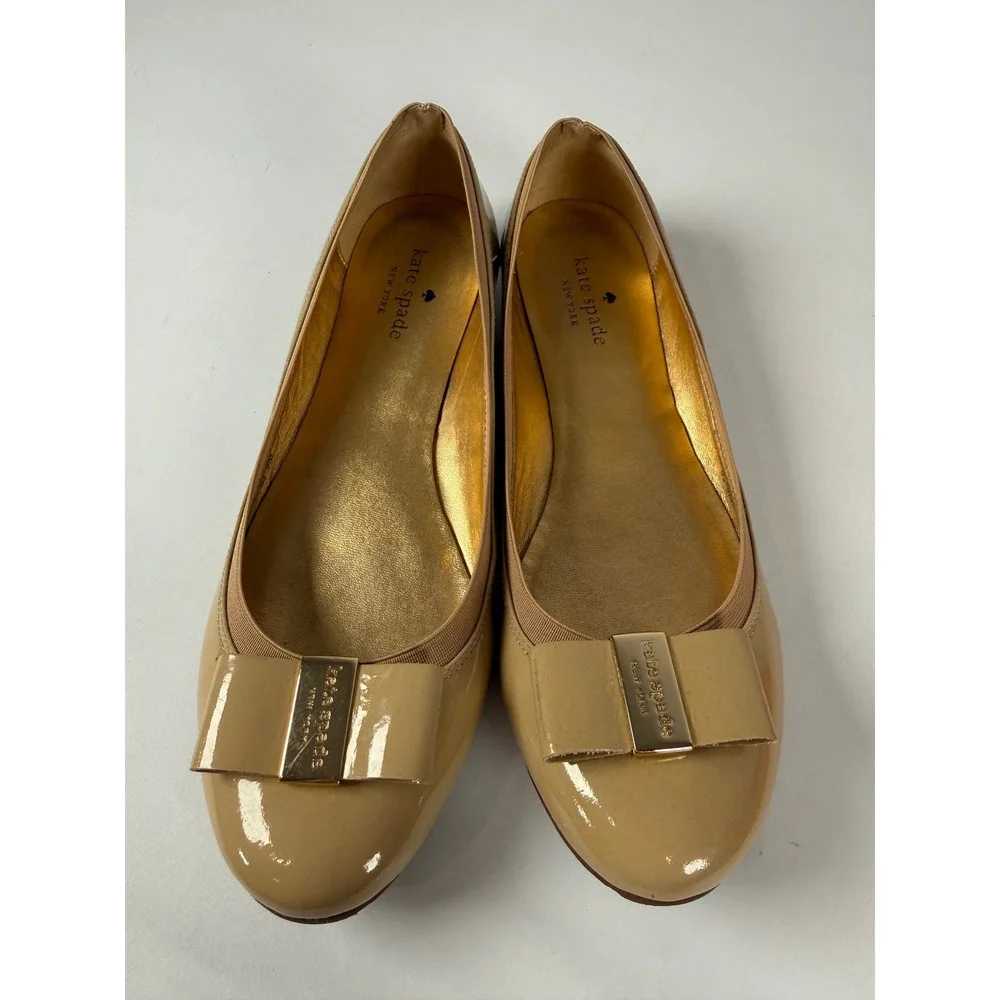 Kate Spade Tock Ballet Flats New‎ Camel Vintage Patent Leather Bow Shoes 9M